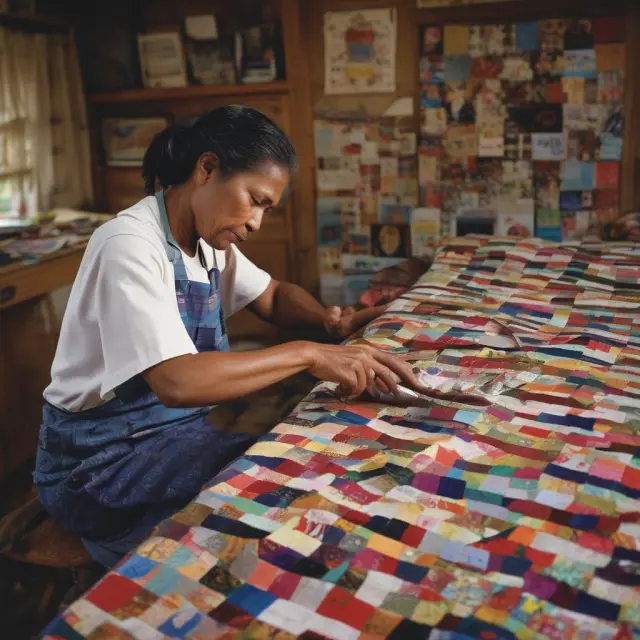 A widow sits at a table, quilting together financial papers symbolizing her late husband