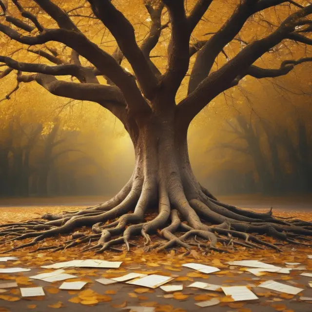 Golden tree with interwoven tax forms depicting real-life widow