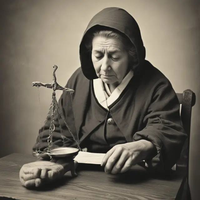 A grieving widow holding scales, weighing tax relief options from inherited property against potential federal and state estate taxes