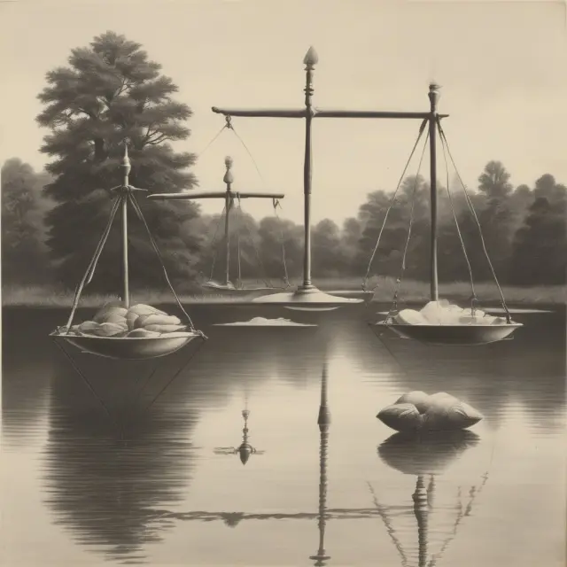 Two sets of scales representing two groups, poised above a pond filled with Wilcoxon statistical values. This image illustrates the comparison of two paired groups using the Wilcoxon test.
