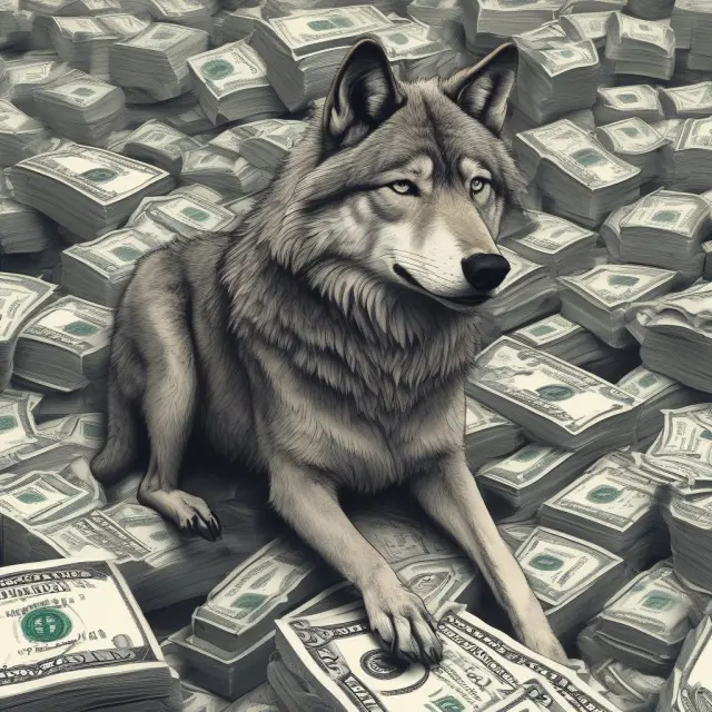 Wolf strategically positioned amidst a vast ocean of U.S. Treasury bonds, representing the seller