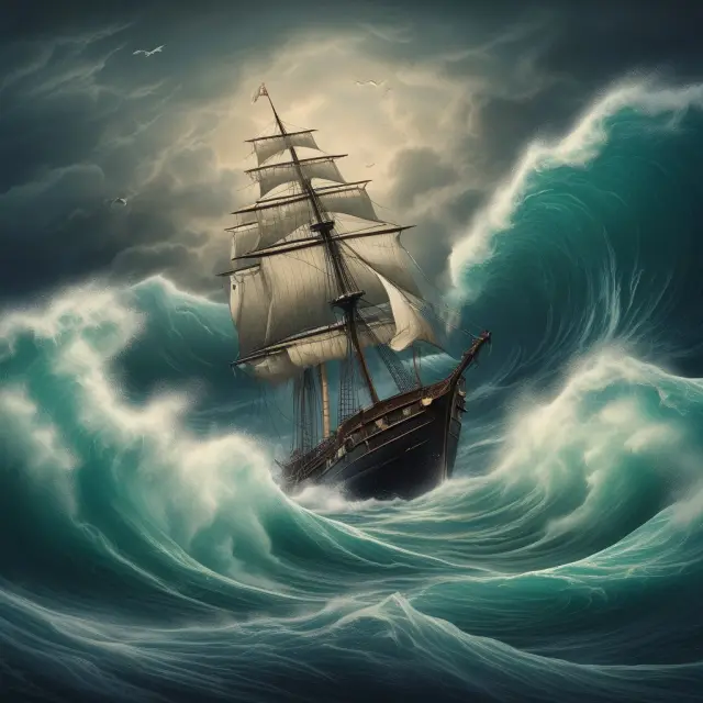 Wild card sailboat navigating stormy sea, dealing with market volatility and unforeseen events symbolizing risks in Treasury bond options