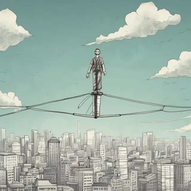 A seller standing on a tightrope holds documents while juggling the risk of wild card options. Regulatory compliance ensures safe passage.