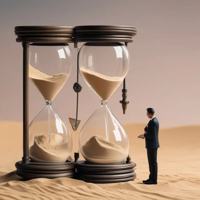 Visualization of a seller pondering between a clock and an hourglass, representing regular trading hours versus the wild card option in US Treasury bond futures trading.