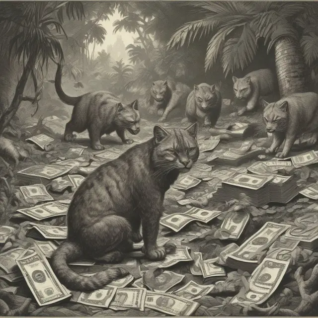 Metaphorical image of wildcat banking as a jungle with various state regulations as wild animals overseeing currency notes