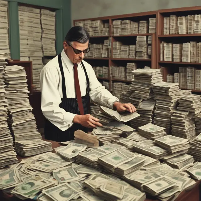 A wildcat banker issuing currency notes, with stacks of catalogs nearby for assessing value and legitimacy.