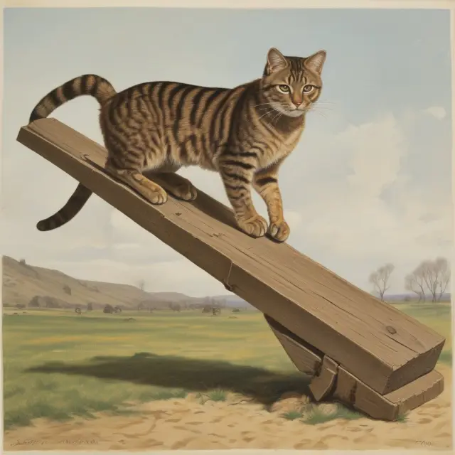 Wildcat banks atop a see-saw, representing the inconsistent state regulations during the Free Banking Era.