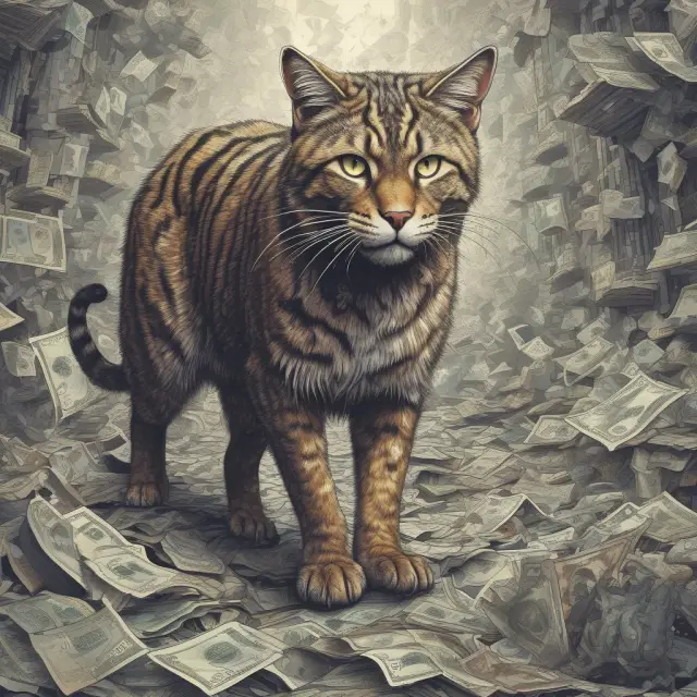 Wildcat representing the Free Banking Era, amidst a chaotic landscape with diverse banknotes. Historical context: The era