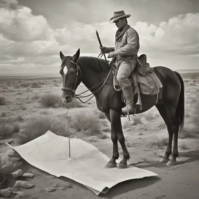 An adventurous explorer on horseback examines a map while holding a drill bit, signifying the risks and rewards of wildcat drilling in untapped lands