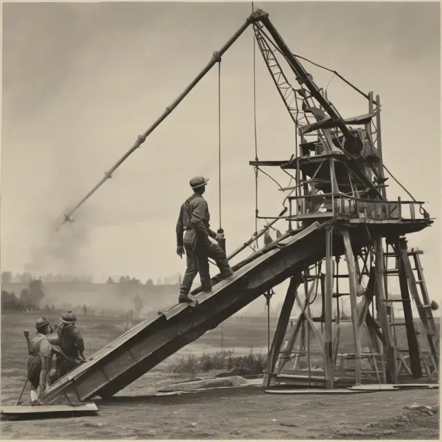 Wildcat driller standing on a seesaw between two oil derricks, symbolizing the financial risks and rewards of exploration in unexplored territories