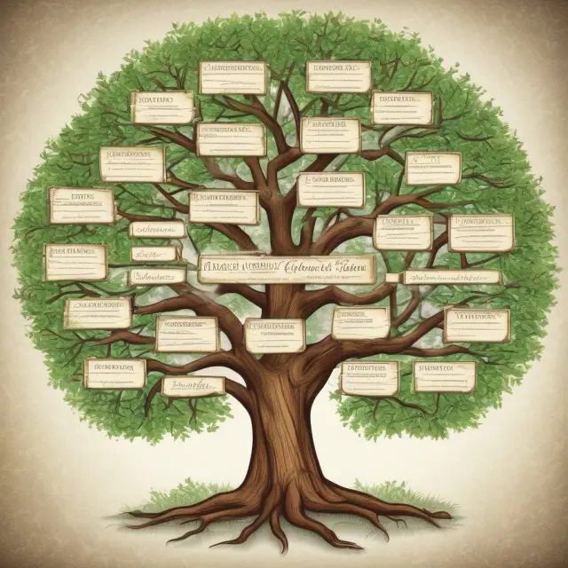 A family tree with interconnected branches representing William Cavanaugh III