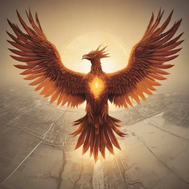 A phoenix rising above merging electrical grids, representing Progress Energy