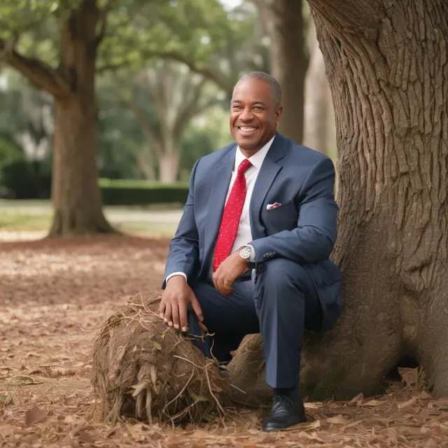 An image of William T. Dillard II sitting under a growing tree, representing his role in expanding the roots and branches of Dillard