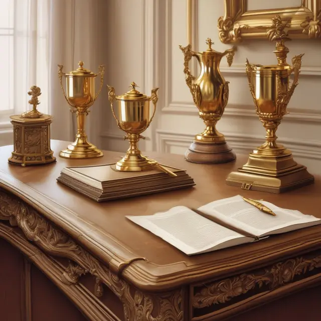 CEO William T. Dillard II sitting at a desk, surrounded by golden trophies and a quill pen for note-taking, representing his notable awards and contributions