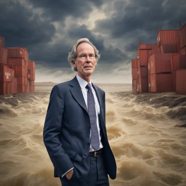 Bill Gross departing from PIMCO, depicted as a calm figure amidst a turbulent sea, representing change and transition