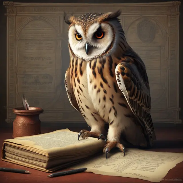 An owl, a symbol of wisdom, using a computer and charts to analyze financial scrolls