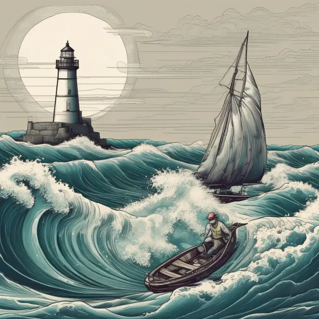 A trader navigating the financial markets with a compass and charts, sailing towards a lighthouse representing successful Williams %R applications