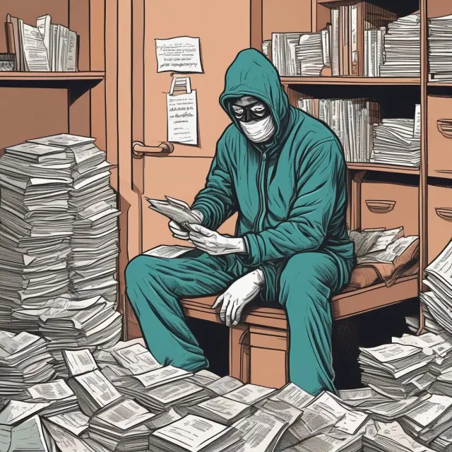 Bank robber sorting medical files, highlighting focus on common conditions in diagnosis