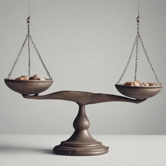 Scale balancing obvious (gold coins) and unconventional (rainbow gems), illustrating the need for a balanced approach to opportunities and solutions.