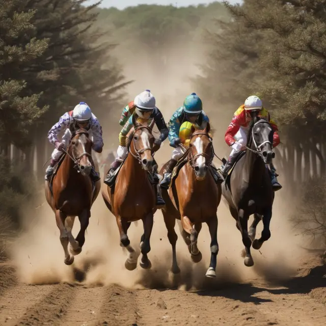 Four horses symbolizing CRSP, FTW5000, DJUSM, and R3000 race through a dynamic market landscape. Represents comprehensive broad market indices with varying methodologies and performances.