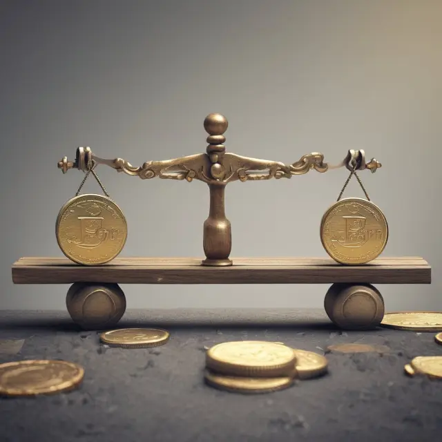 Golden and silver coins on a seesaw representing the balance of wins and losses in trading