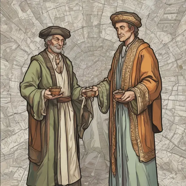 Two traders, John and Maria, illustrated with scales representing their wins and losses, working together to calculate their respective win/loss ratios