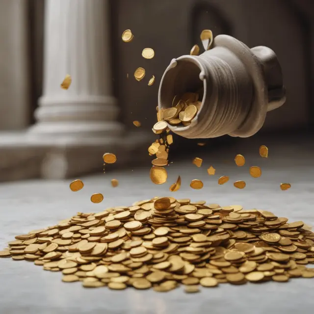 A gust of gold coins flowing from a vintage vase, representing the sudden increase in wealth brought about by windfall profits.