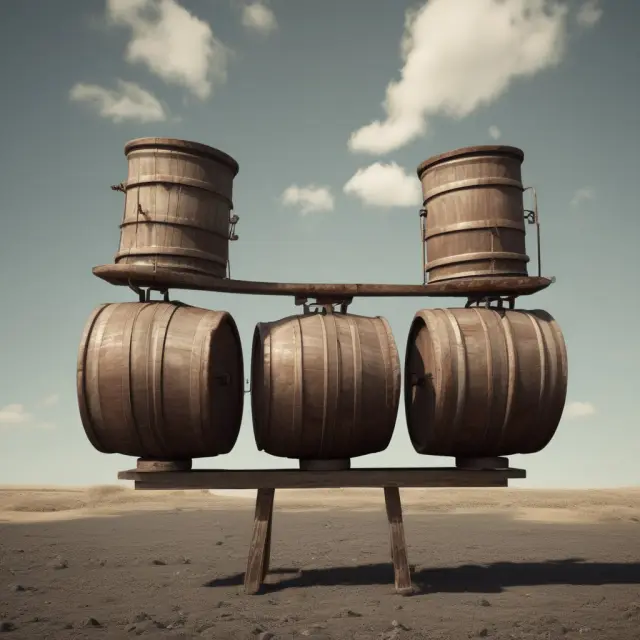 A visualization of crude oil barrels dancing on a seesaw, highlighting the volatile nature and sudden shifts in windfall profits within the oil and gas sector.