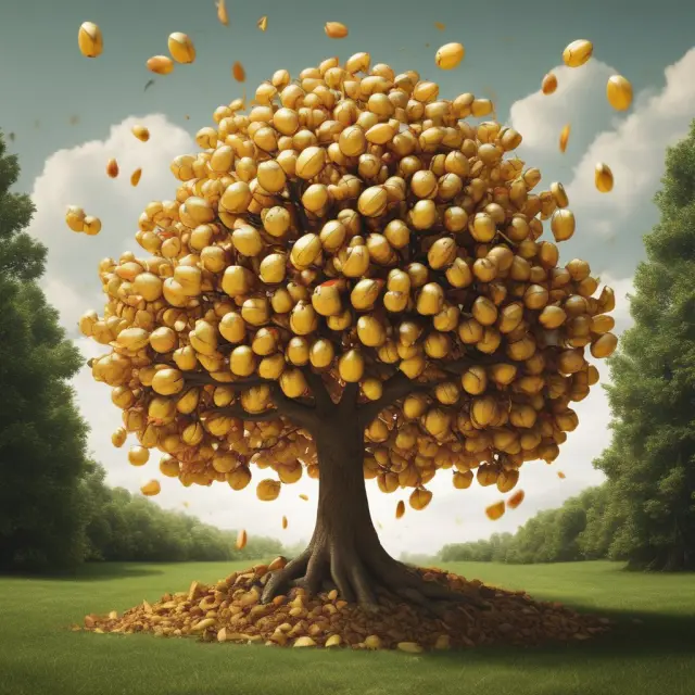 A golden tree laden with ripe, glowing fruits symbolizing windfall profits, ready for corporations and individuals to pluck and utilize wisely