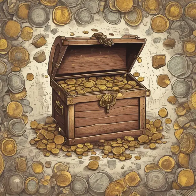 An ornate treasure chest overflowing with gold coins representing windfall taxes in various countries, including the EU (2022), US (1980), UK (1970s), Canada (1982), and Russia (2003)