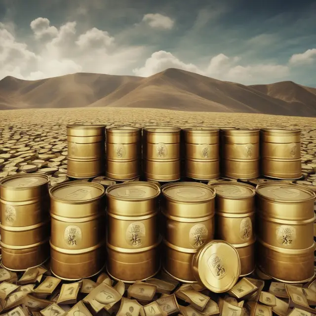 A golden oil barrel being filled with money while strong winds blow through a pile of dollar bills, representing the financial effects of windfall taxes on industries