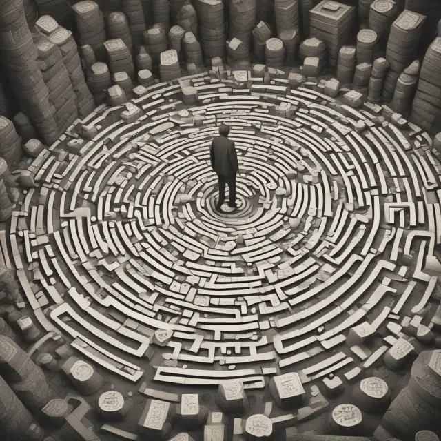 A person navigates a labyrinth filled with lottery balls, inheritance chests, and gambling chips, symbolizing the complexities of windfall taxes for individuals.