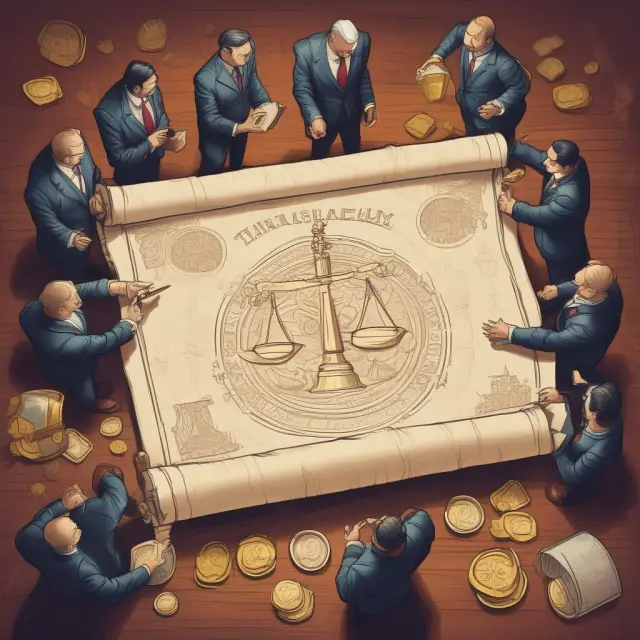 Government officials writing windfall tax laws, surrounded by symbols of justice, oil barrels, and gold coins. Illustrating legislative process for windfall taxes.