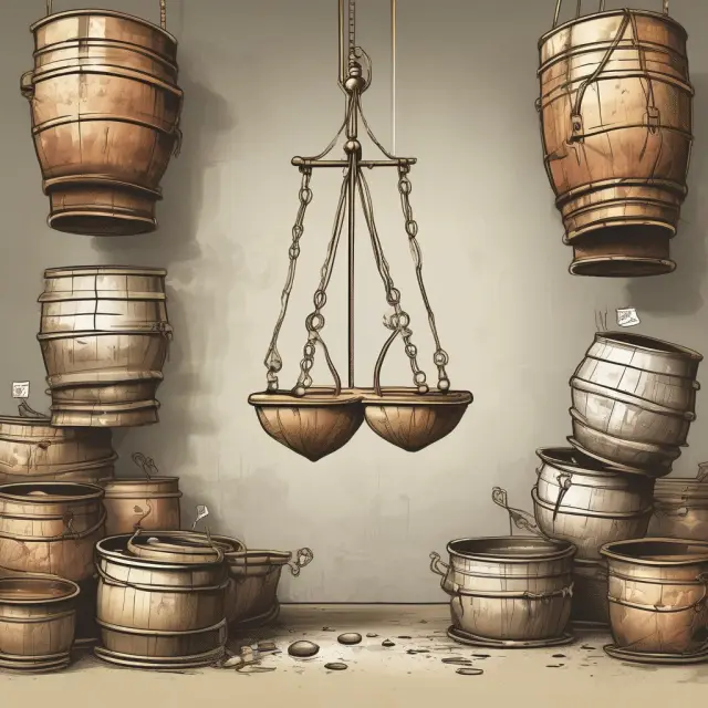 Oil barrels and social welfare baskets on a pendulum, symbolizing the debate around windfall taxes and their impact on wealth distribution