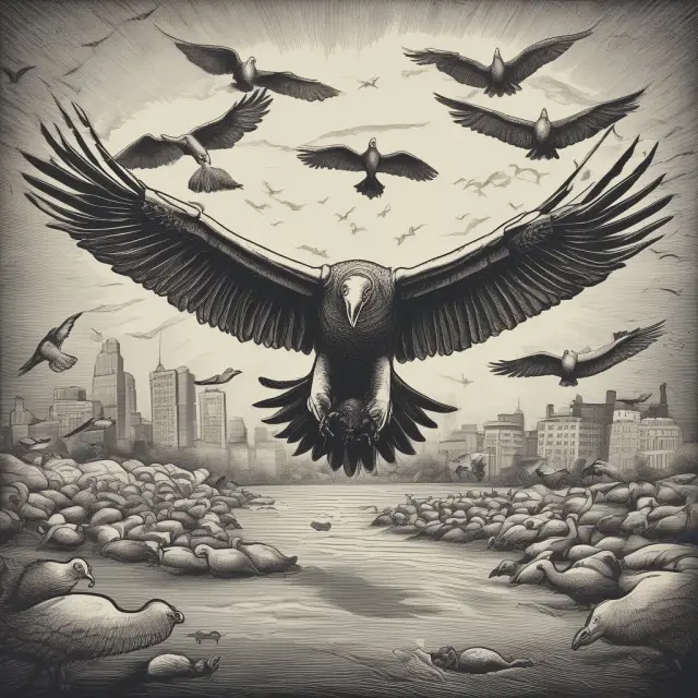 Vultures hovering over a distressed business, symbolizing creditors waiting for the compulsory winding-up process to begin