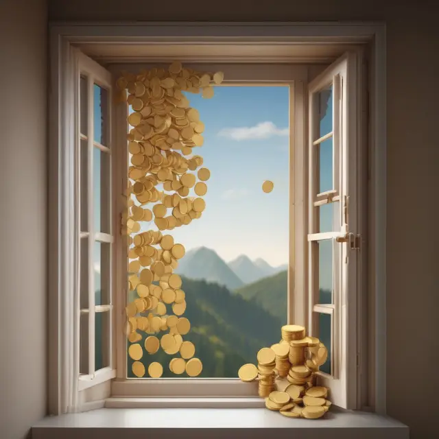 A window metaphorically opening to accept golden coins representing WGIC contributions and closing when matured, revealing returning principal and interest.
