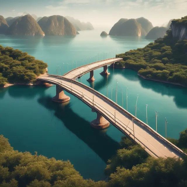 Bridge made of WGIC contracts connecting islands, representing secure financial connections for investors.