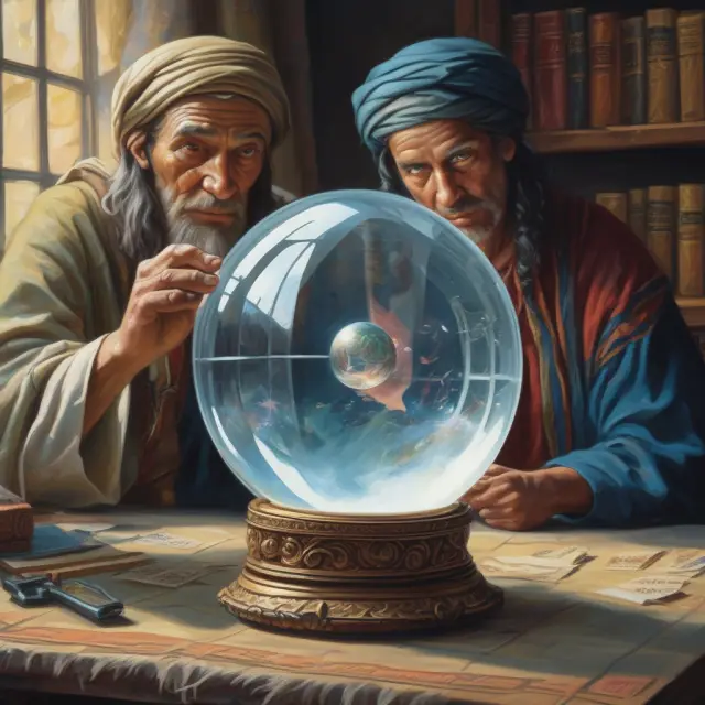 An ancient soothsayer, with a crystal ball displaying economic trends, anticipates windows of investment opportunities