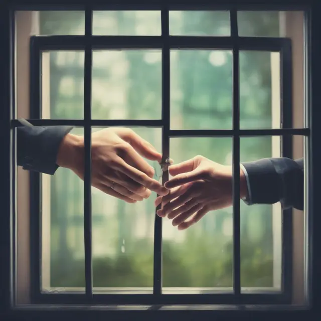 A pair of hands opening an old wooden window to reveal windows of opportunity in finance - one hand using technology (automated trading) while the other hand forms a partnership with another investor