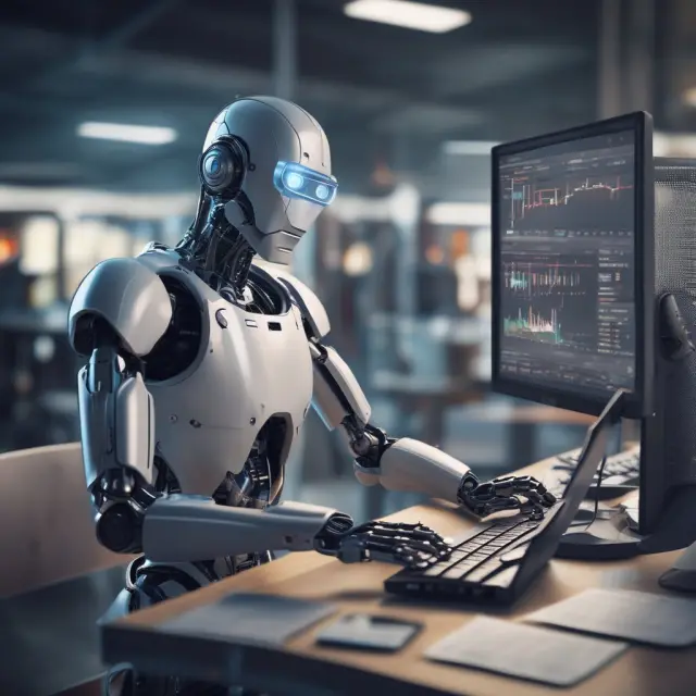 A robot analyzing financial data on multiple screens, representing technology