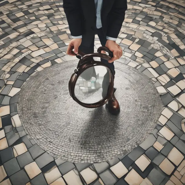 An investor examines a mosaic floor with a magnifying glass, discovering concealed windows of opportunity