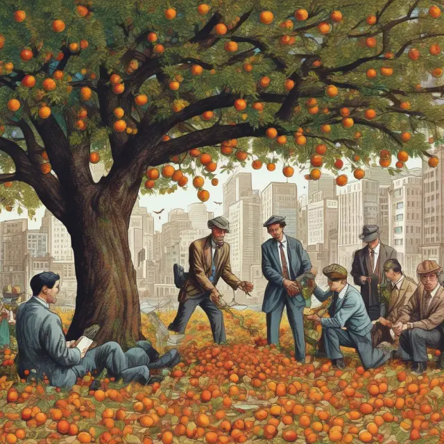 An affluent investor gathers ripe fruits, symbolizing large returns in the stock market, while others collect fallen leaves representing meager gains or losses.