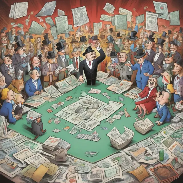 Two dominant market structures, monopoly and oligopoly, amidst a chaotic stock market scene symbolizing the winner-takes-all economic concept.