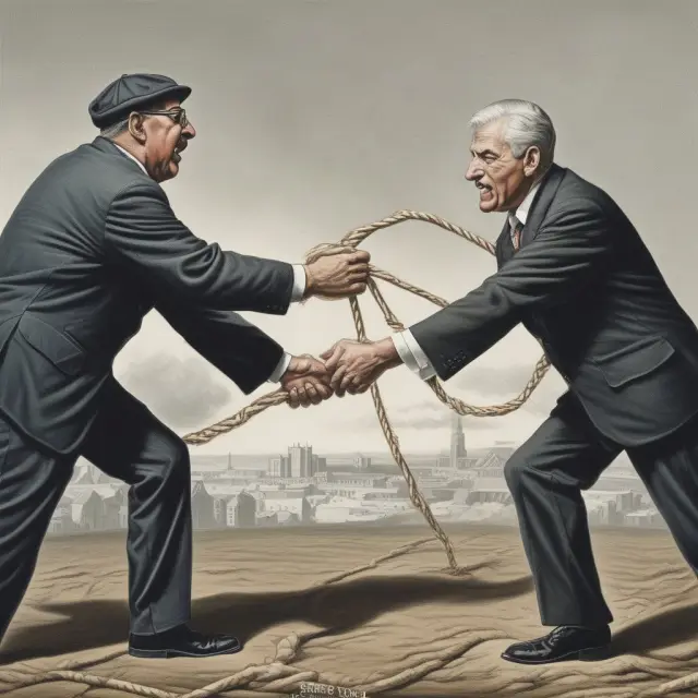 Market giants competing in a tug-of-war, representing the dynamic nature of winner-takes-all markets