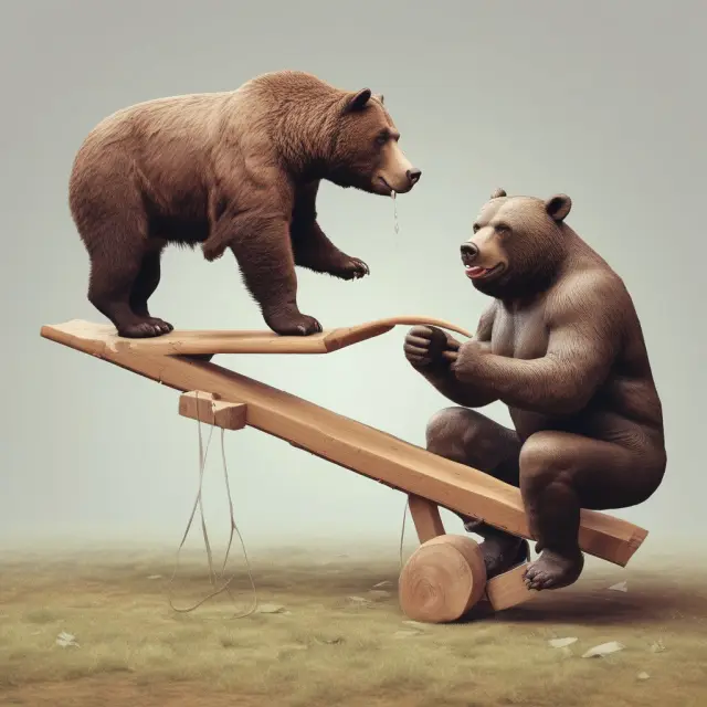 An efficient market bull balances against an emotional investor bear on a see-saw, symbolizing the struggle between objective analysis and subjective influences in financial markets