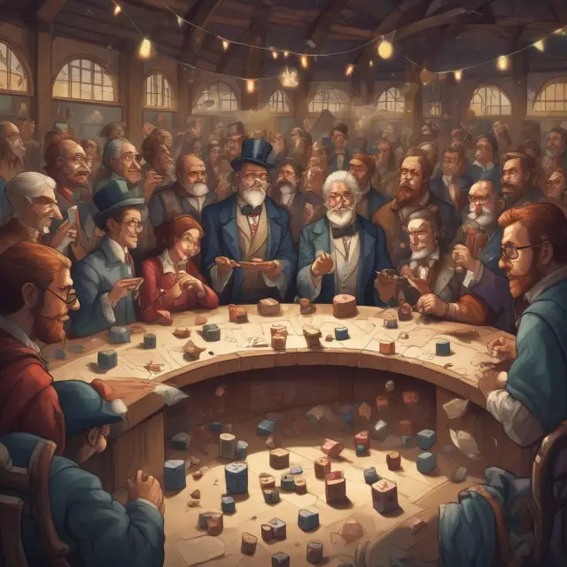 Bidders in an auction marketplace roll whimsical dice towards items, illustrating the inherent risk of overpaying due to the winner