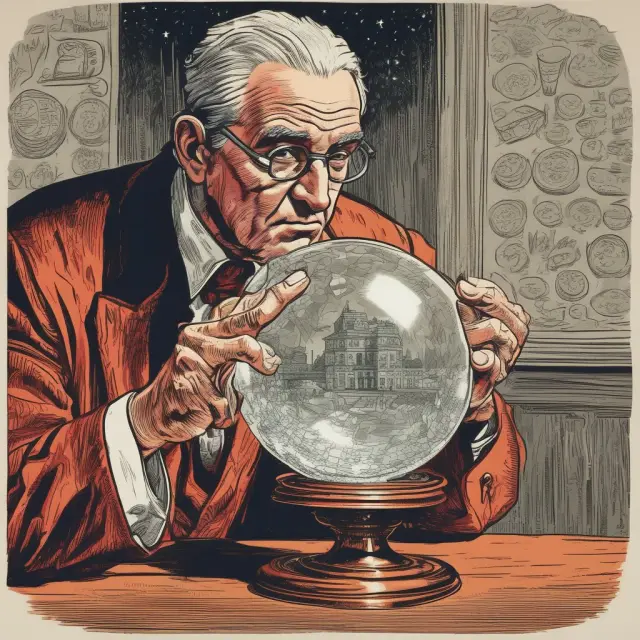 A bidder holding a crystal ball studies auction data to make informed decisions, countering the impact of information asymmetry on the winner
