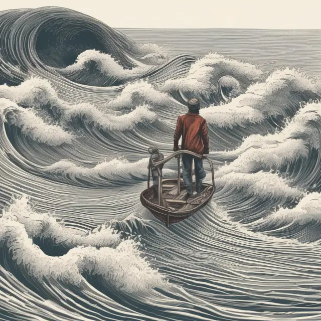 An investor examining data represented as ocean waves, with winsorized mean method replacing extreme values (represented by rogue waves) to obtain more accurate insights for investment decisions