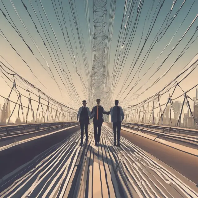Three figures representing research, advice, and technology connecting on a wirehouse bridge
