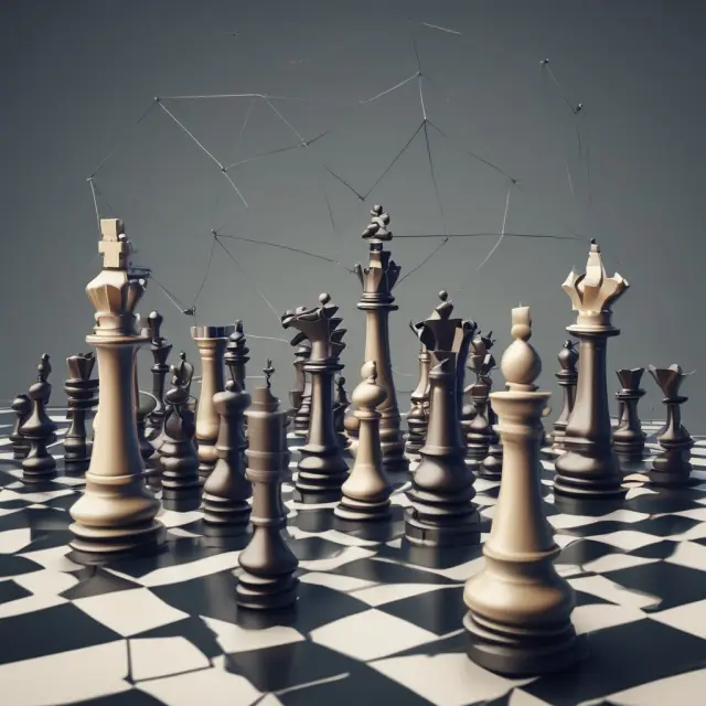 A futuristic chessboard representing the future growth prospects for wirehouse brokers and independent brokerages, with wirehouses as kings and rooks and independent firms as knights